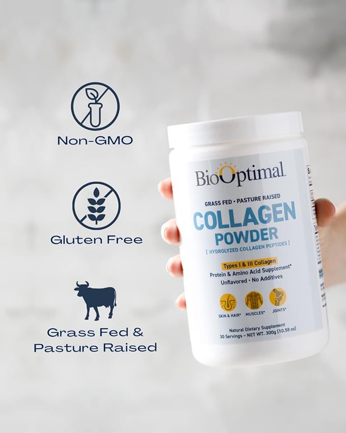 BioOptimal Collagen Peptides Powder - Grass-Fed Pasture-Raised Hydrolyzed Protein Supplement for Skin Hair &amp Nails - Non-GMO Zero Sugar Daily Supplement for Men &amp Women (30 Servings)
