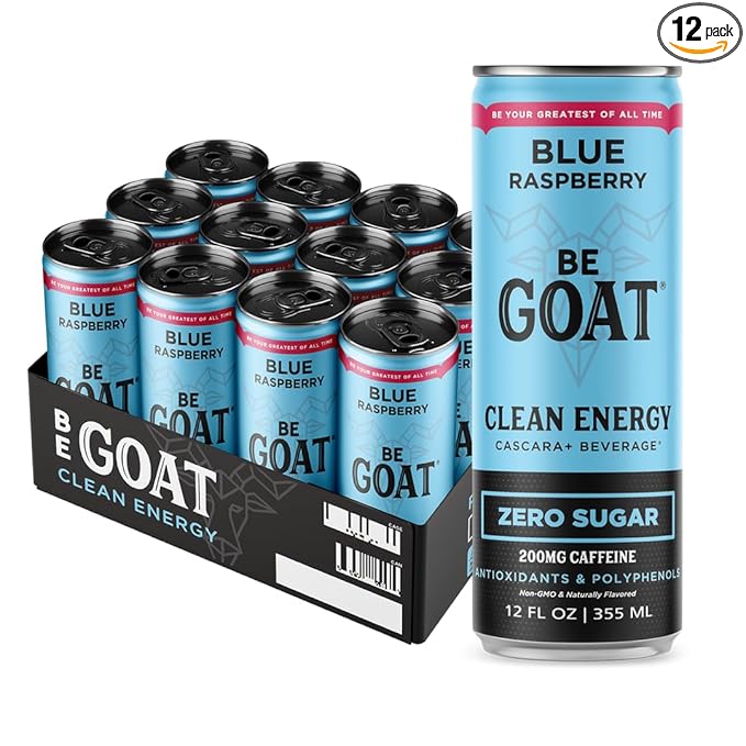BeGOAT Clean Energy | Blue Raspberry Zero Sugar | 6 Ingredients Plant-Based Zero Sugar Non-GMO Vegan | 200mg Natural Caffeine | 12 fl oz Cans (Pack of 12)