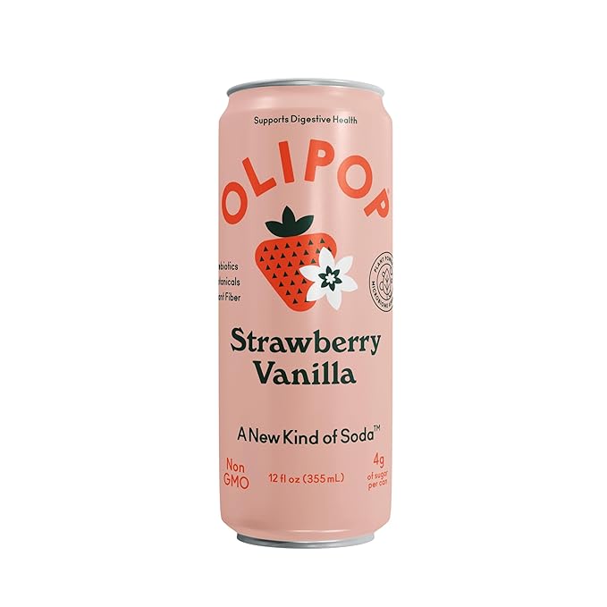 OLIPOP Prebiotic Soda Pop Strawberry Vanilla Pantry Pack Packed with Prebiotics Fiber and Botanicals Gluten Free GMO Free 12oz Skinny (12-Cans)