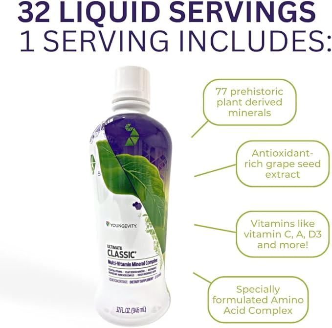 Youngevity Ultimate Classic® - Mega Multi-Vitamin &amp Mineral Complex - 16 Vitamins 70+ Minerals 12+ Amino Acids Grape Seed CoQ10 and More - Highly Absorbable Liquid (32 Fl Oz - Pack of 1)