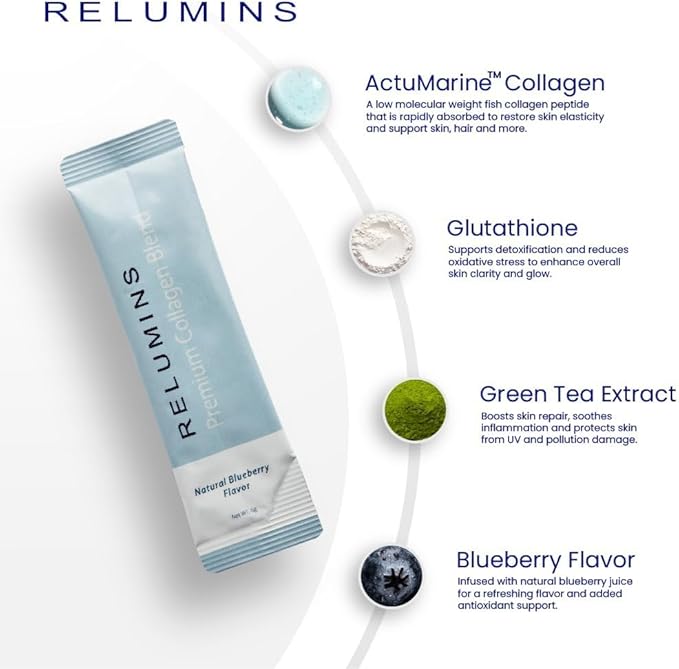 Relumins Premium Collagen &amp Gluta-1000 Bundle - 10 Sachets of Marine Collagen (Blueberry Flavor) + 60 Vegetarian Capsules - Supports Skin Care &amp Wellness