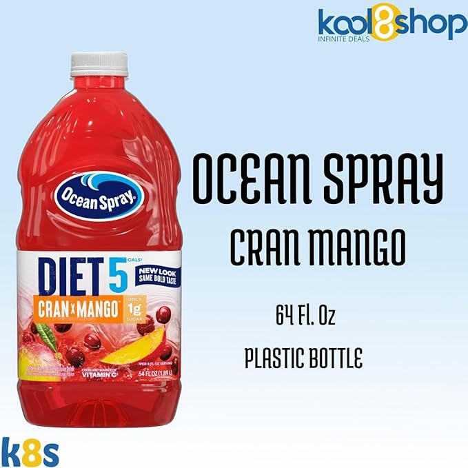 Ocean Spray Diet Cran Mango Juice Drink 64 fl oz Plastic Bottle 4 Pack + 15 Sugarcane Disposable Straws by KOOL8SHOP Infinite Deals