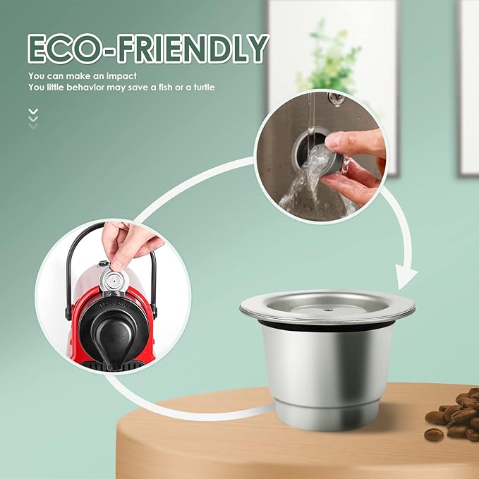 Reusable Coffee Capsules for Originales Stainless Steel Refillable Coffee Pods 2pcs Reutilisable Refillable Espresso Capsule(2 Cup+ Tamper+ Stainless Steel Spoon)