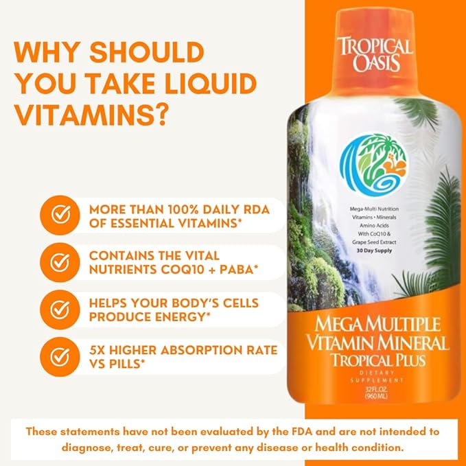 Tropical Oasis Mega Plus - Liquid Multivitamin and Mineral Supplement – Includes 85 Vitamins &amp Minerals 20 Amino Acids + CoQ10 Grape Seed Extract &amp Organic Aloe Vera - 32oz 32 Servings 334