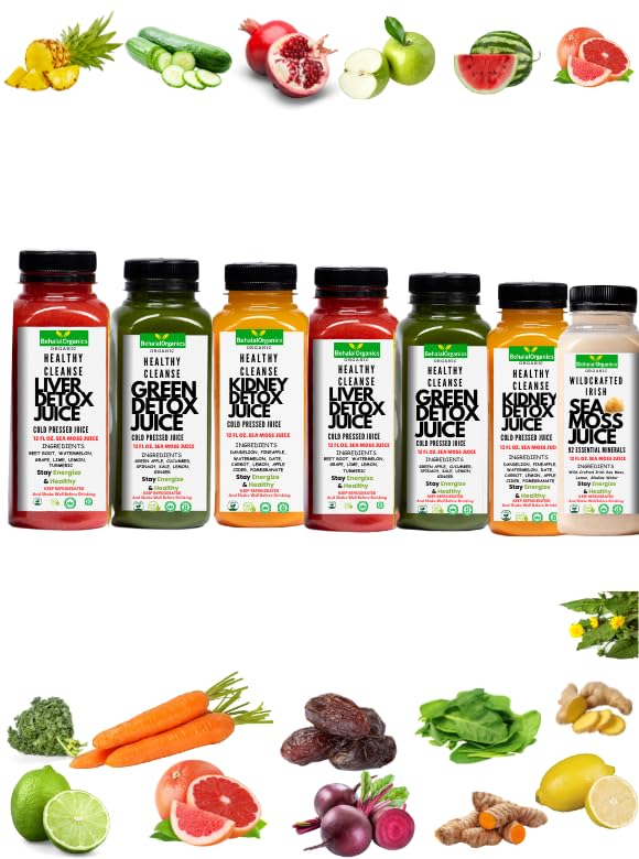 Juice Detox Cleanse by Behalal Organics All Natural Organics Raw Full Body Detox Cleanse Liver &amp Kidney Cold Pressed Fruit and Vegetable Juices Weight Management 12oz (2-DAY JUICE CLEANSE)