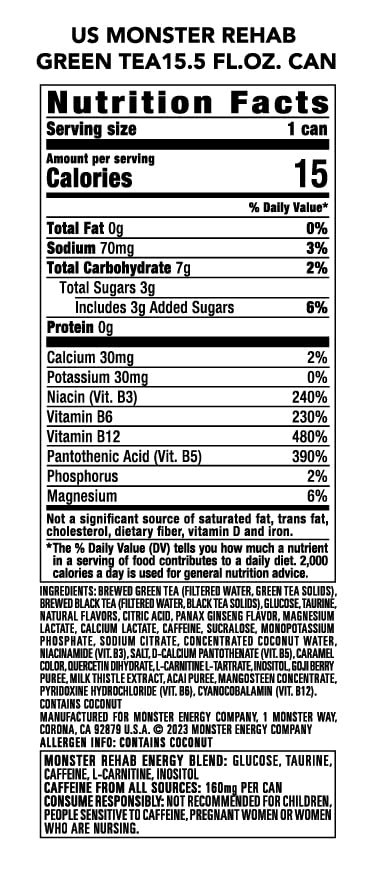 Monster Energy Rehab Green Tea + Energy Energy Drink 15.5 Ounce | Energy Iced Tea Pack of 15