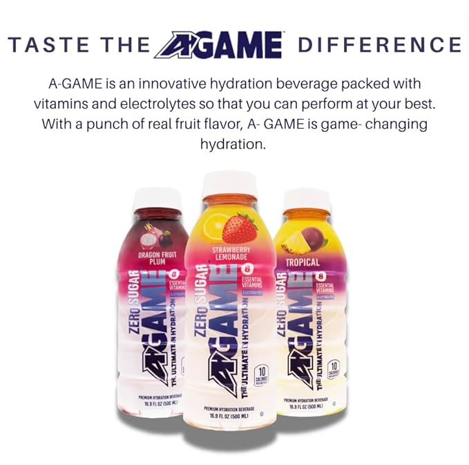 A-GAME Zero Sugar Sports Drink Dragon Fruit Plum Zero Sugar The Ultimate Sugar Free Hydration Sports Beverage 8 Essential Vitamins including B C &amp E plus Sea Salt Electrolytes All Natural Fl