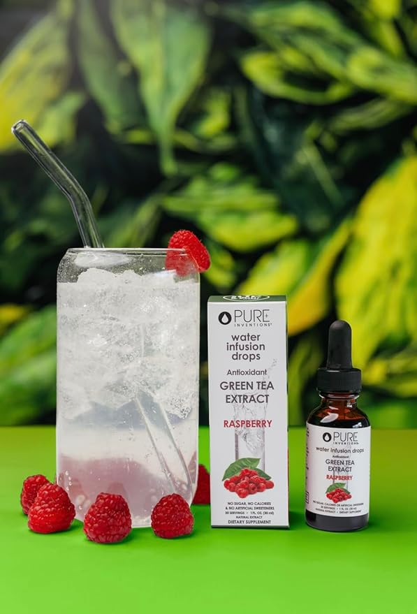 Pure Inventions - Water Infusion Drops - Daily Immunity Support Rich in Antioxidants Electrolytes - No Sugar Calories or Artificial Sweeteners - Green Tea Raspberry 30 serv.