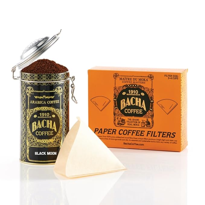 Bacha Coffee | Black Moon Fine Blended Coffee Autograph Collection 100% Arabica Specialty Coffee Ground Beans Medium Roast 250g &amp 100% Natural Unbleached Wood Fibre Paper Filters Large