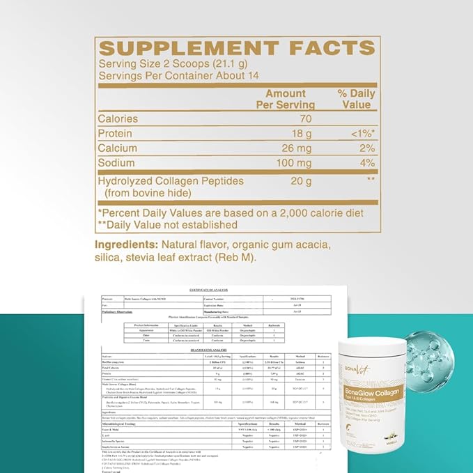 Collagen Peptides - Type I &amp III - Premium Hydrolyzed Collagen Powder - with Digestive Enzymes &amp Probiotics - High Dosis of Collagen &amp Protein - 14 Servings - BonaGlow Vanilla