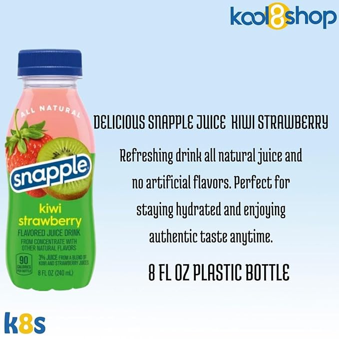 Snapple Kiwi Strawberry All Natural Juice Drink 8 fl oz Mini Plastic Bottle 24 Pack + 2 Reusable Snack Bags by KOOL8SHOP Infinite Deals