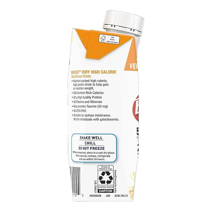 Boost Very High Calorie Nutritional Drink Very Vanilla Made with Natural Vanilla Flavor &amp No Artificial Flavors Colors &amp Sweeteners 8 FL OZ (Pack of 12)
