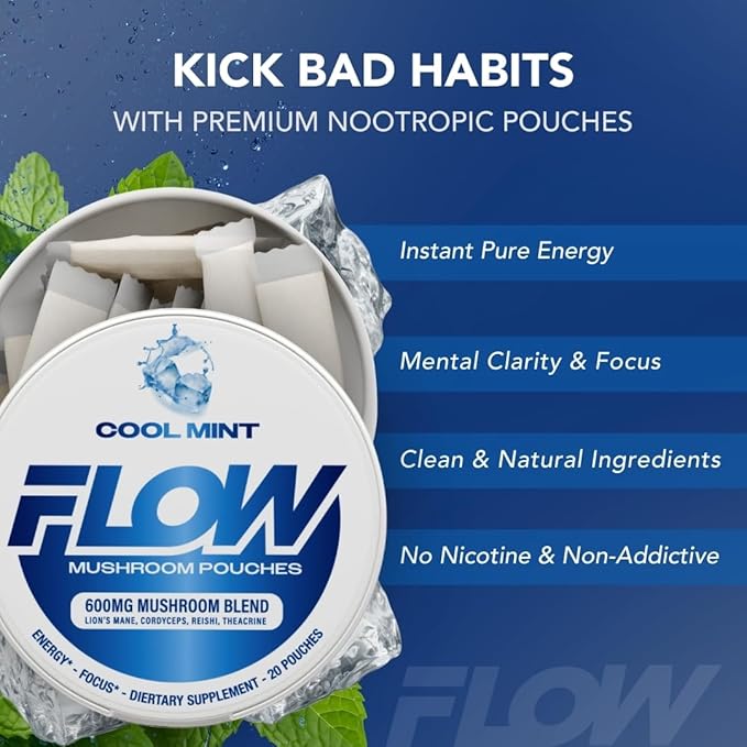 Mushroom Nootropic Pouches - 600mg Organic Mushroom Energy Ultra Pouches with Lion's Mane Reishi Cordyceps for Focus &amp Clean Energy - Zero Caffeine or Sugar (5 Can Pack Cool Mint)