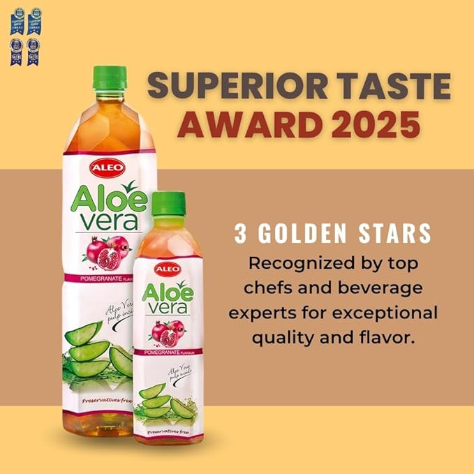 ALEO 0.5L Premium Pomegranate Aloe Vera Drink - Natural No Preservatives No Artificial Colors Superior Taste Award 2025 (24 PCS Pomegranate-0.5L)