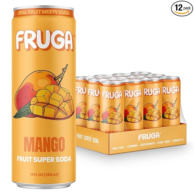 FRUGA Mango Sparkling Fruit Super Soda Prebiotic Soda Low Calorie Healthy Soda Benefits and Vitamin Boost 12 Fl Oz (Pack of 12)