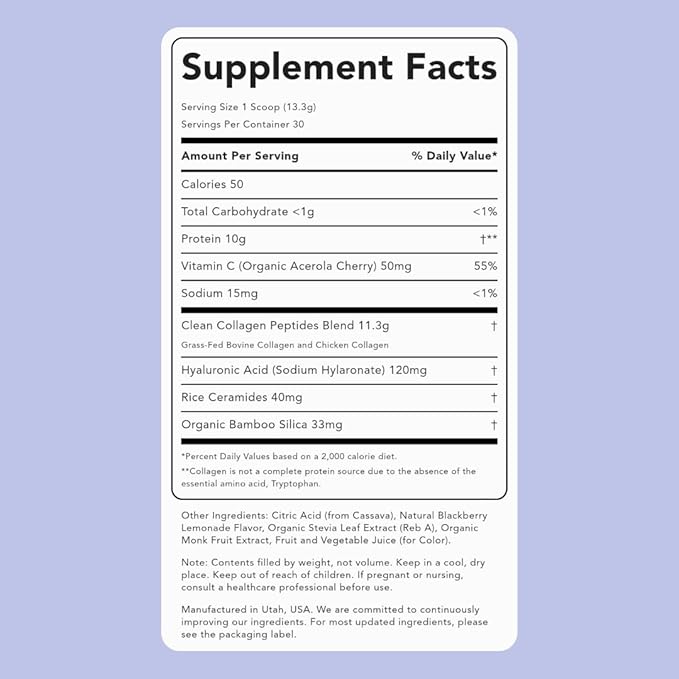 Clean Simple Eats Collagen Powder + Beauty Blend BlackBerry Lemonade Hydrolyzed Collagen Peptides from Grass Fed Bovine &amp Chicken Hyaluronic Acid for Hair Skin Nail &amp Joint Support 30 Se