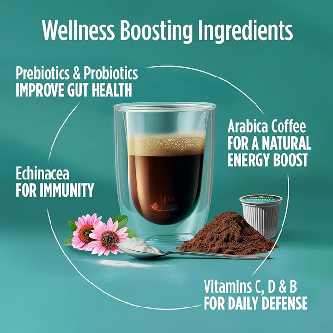 VitaCup Immunity Coffee Pods Wellness Boost with Antioxidants Echinacea Probiotics Vitamin C &amp D3 Medium Dark Roast Single Serve Pod Compatible with Keurig K-Cup Brewers64 Ct