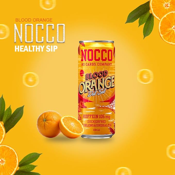 24 cans | NOCCO BCAA DRINK | Blood Orange Del Sol 330 ml | BCAA | 105 mg Caffeine | Energy Drink | Buxtrade