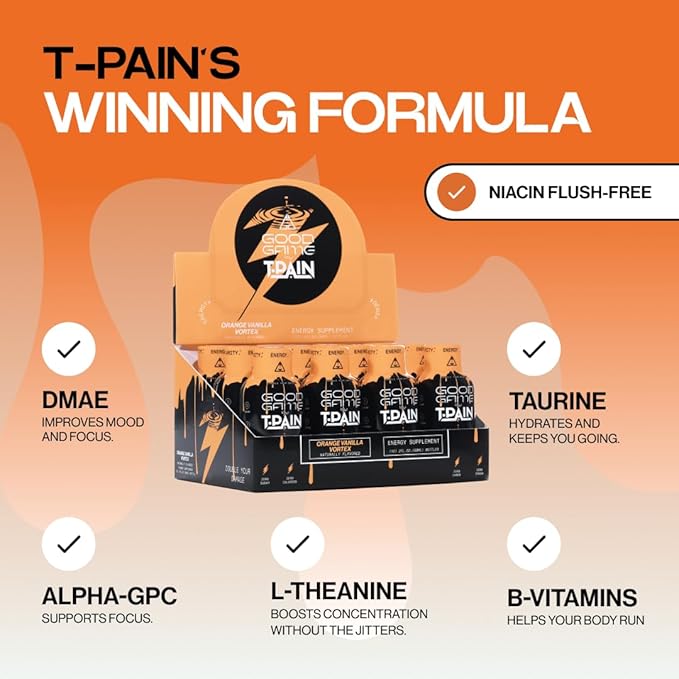 Nappy Boy Dranks Good Game by T-Pain Energy Shot 2oz (12 Pack) Sugar-Free Zero Calorie Focus Drink with 200mg Caffeine and B-Vitamins (B3 B6 B12) - Clean No-Crash Energy Boost Orange Vanilla Vo
