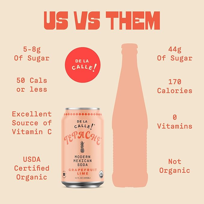 De La Calle Tepache - Grapefruit Lime - Modern Mexican Soda - Craft Fermented Pineapple Sparkling Beverage - Certified Organic Antioxidant Rich Non-Alcoholic Healthy Soda Low Sugar Low Calorie N
