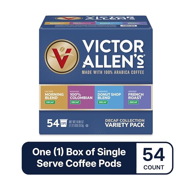 Victor Allen's Coffee Decaf Coffee Variety Pack (Decaf Donut Shop Blend Morning Blend French Roast 100% Colombian) 54 Count Single Serve Coffee Pods for Keurig K-Cup Brewers