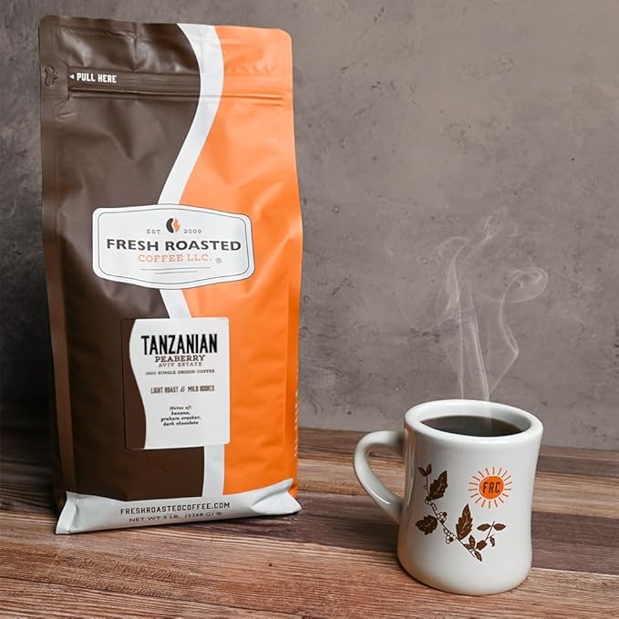 Fresh Roasted Coffee Tanzanian Peaberry 5 lb (80 oz) Light Roast Kosher Whole Bean