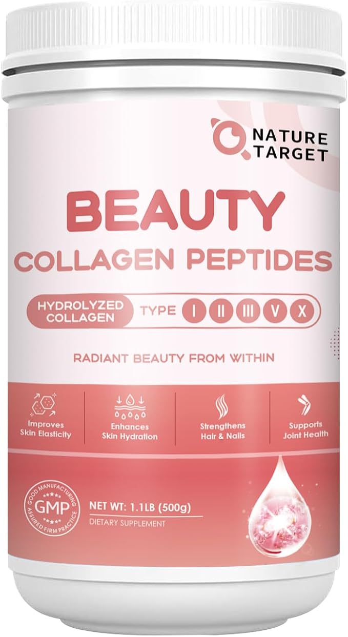 NATURE TARGET Beauty Collagen Peptides Powder for Women Multi Collagen Powder with Vitamin C Biotin Hyaluronic Acid – Unflavored Keto Friendly Easy Dissolve Non-GMO 50 Servings
