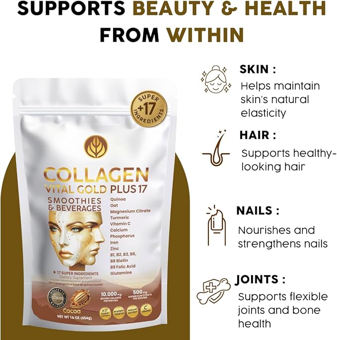 Vital Life Collagen Peptides Powder - Hydrolyzed Collagen with +17 Super Ingredients 1 lb Cocoa Flavor Supplement for Healthy Hair Skin Nails Bones Joints Collagen for Women &amp Men.