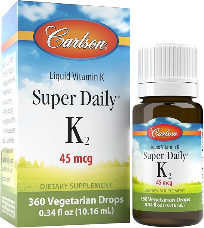 Carlson - Super Daily K2 45 mcg Liquid Vitamin K Bone Health K2 Vitamin Vitamin K Supplement Vitamin K-2 MK7 Unflavored 360 Drops (10.16 mL)