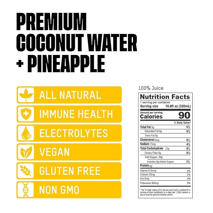 Once Upon a Coconut Premium Pineapple Coconut Water - Low Calorie All-Natural Drink with Electrolytes - Non-GMO - Gluten-Free -10.8 Fl Oz (Pack of 12)