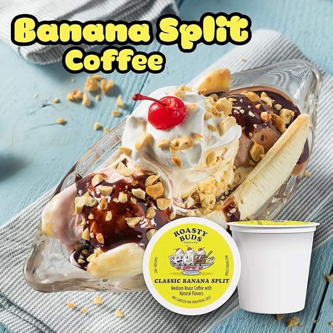 Roasty Buds Coffe Banana Split Pods 48 Count | Single-Serve 11g Per Pod | Recyclable Gluten-Free Non-GMO No Sugar/Dairy/Soy/Egg
