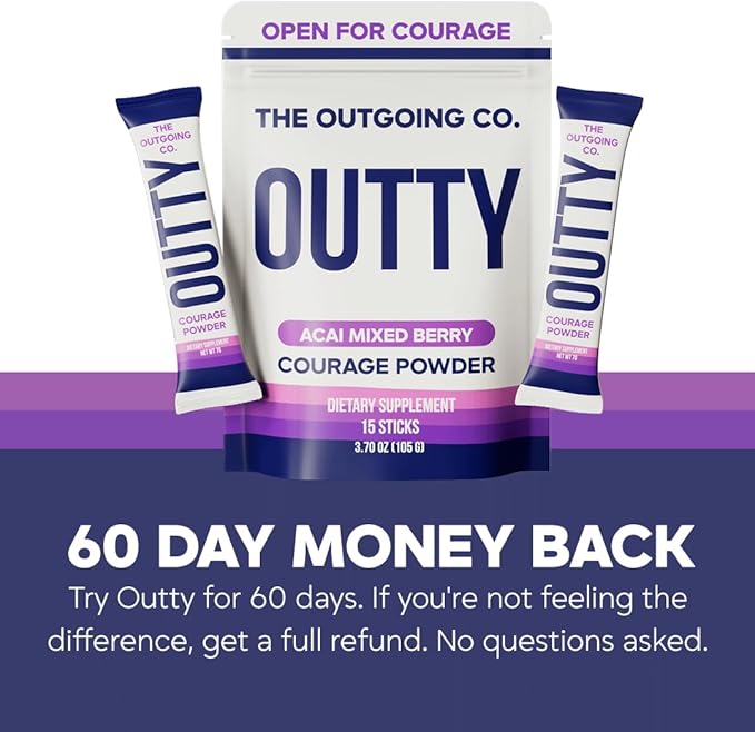 OUTTY Courage Powder Social Energy &amp Mood Support Drink Mix With Taurine L-Theanine &amp Oroxylin A Stress Relief Mental Clarity &amp Alcohol Alternative Acai Mixed Berry (15 Stick Packs)