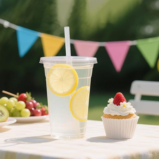 [200 SETS] 32 oz Cups with lids Plastic cups with lids and straws iced coffee cup suitable for takeout iced coffee cold drinks smoothies juices parfaits Frappuccinos and milkshakes.