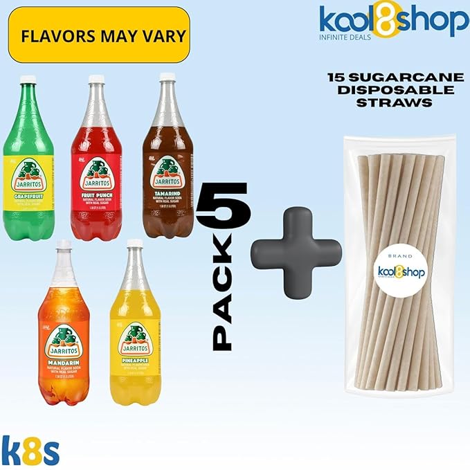 Jarritos Variety Collection Mexican Soft Soda Drink Flavors May Vary 1.5 Lt Plastic Bottles 5-Pack + 15 Sugarcane Disposable Straws by KOOL8SHOP Infinite Deals