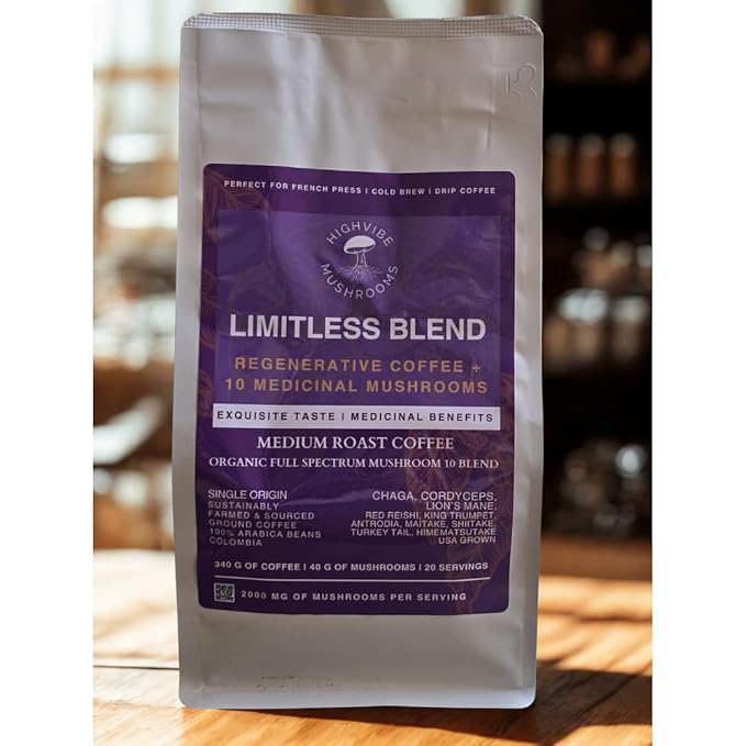HighVibe Mushrooms LIMITLESS 10-in-1 Mushroom Coffee Blend –Mold &amp Mycotoxin Free Organic Vegan Gluten-Free USDA Organic Focus &amp Energy Support Medium Roast Coffee with Medicinal Mushroo