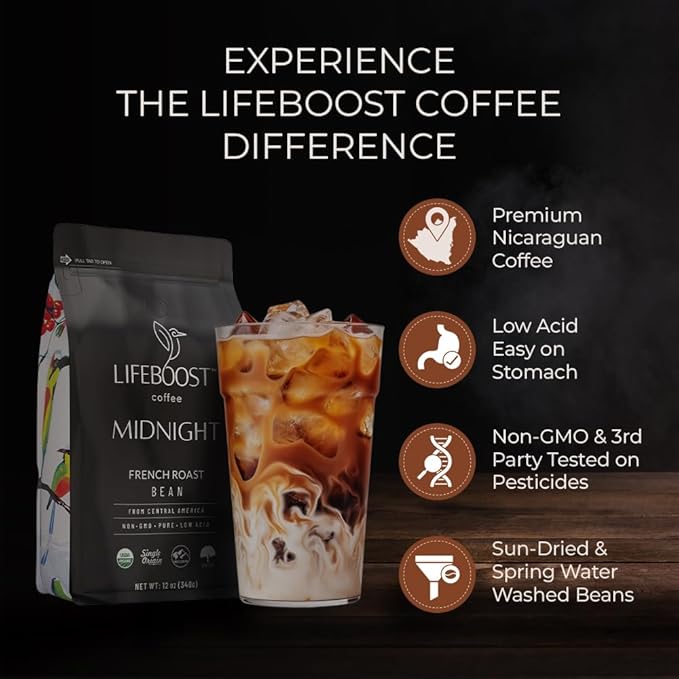 Lifeboost Midnight French Roast Coffee Beans - Single Origin Non-GMO USDA Organic Low Acid French Roast Coffee - Third Party Tested For Mycotoxins &amp Pesticides - 12 Ounces