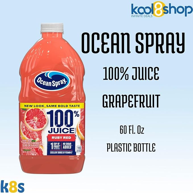Ocean Spray 100% Ruby Red Fruit Juice No Added Sugar 60 fl oz 4 Pack + 15 Sugarcane Disposable Straws by KOOL8SHOP Infinite Deals