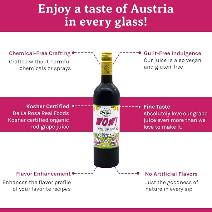 De La Rosa Austrian Red Grape Juice Kosher Non-GMO &amp Gluten Free 100% Organic Red Grape Juice No Sugar Added No Preservative No Water Added 25.4 Oz Glass Bottle (Pack of 2)