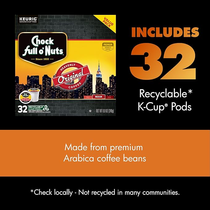 Chock Full o' Nuts Heavenly Original Keurig K-Cup Pods for Keurig Brewers – Premium Arabica Medium Roast – Single Serve – 1 Pack of 32 K-Cup Pods