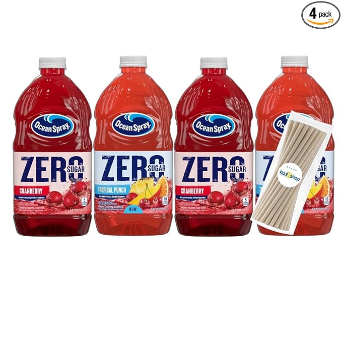 Ocean Spray Zero Sugar Variety Pack Fruit Juice Drink 64 fl oz 4 Pack + 15 Sugarcane Disposable Straws by KOOL8SHOP Infinite Deals