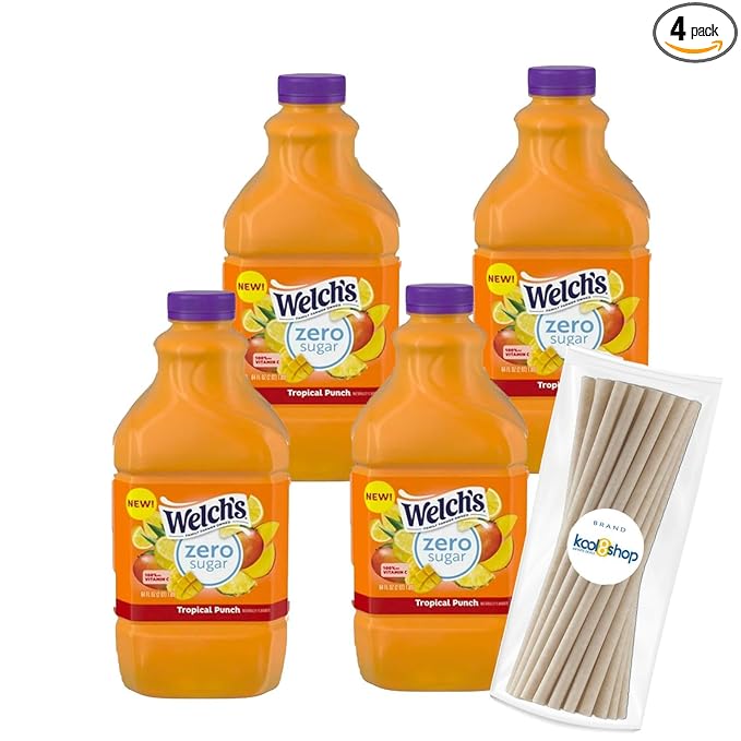 Welch's Zero Sugar Tropical Punch Fruit Juice Drink 64 fl oz Plastic Bottles 4 Pack + 15 Sugarcane Disposable Straws by KOOL8SHOP Infinite Deals