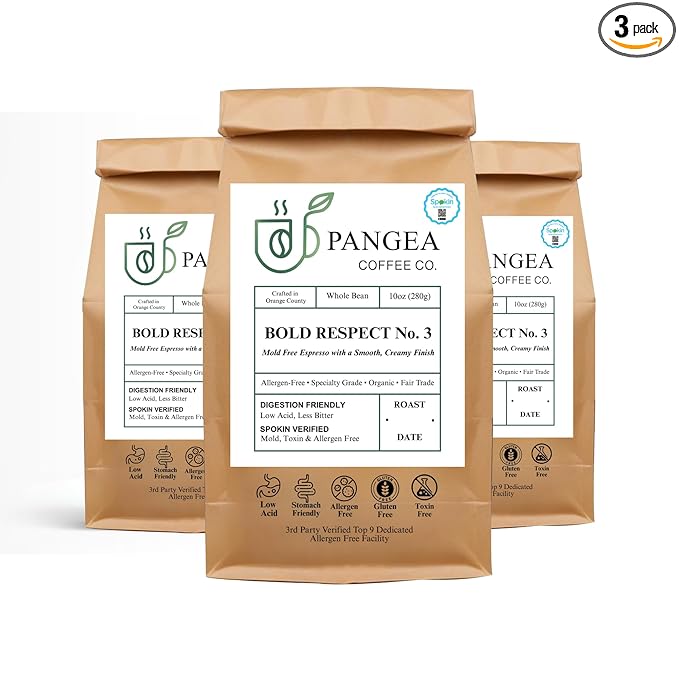 Pangea Coffee – Bold Respect Dark Roast Whole Bean Coffee – 3 Pack (10oz Bags) – Low Acid Organic Allergen-Free Small Batch Roasted