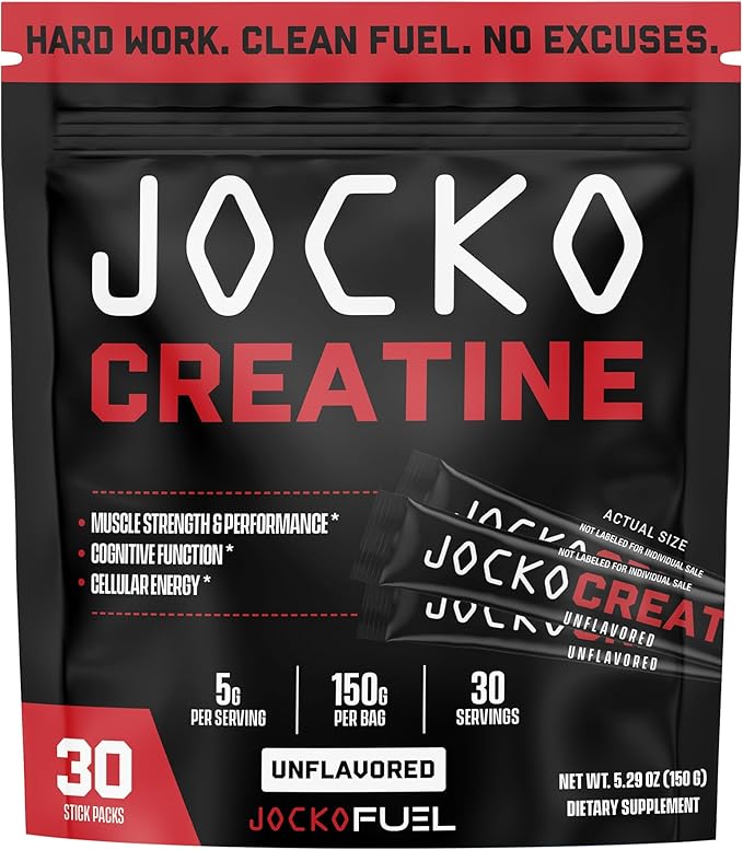 Jocko Fuel Creatine Stick Packs - Creatine Monohydrate Powder Travel Packs for Men &amp Women Supplement for Athletic Performance &amp Muscle Health 30 Servings 150g (Unflavored)
