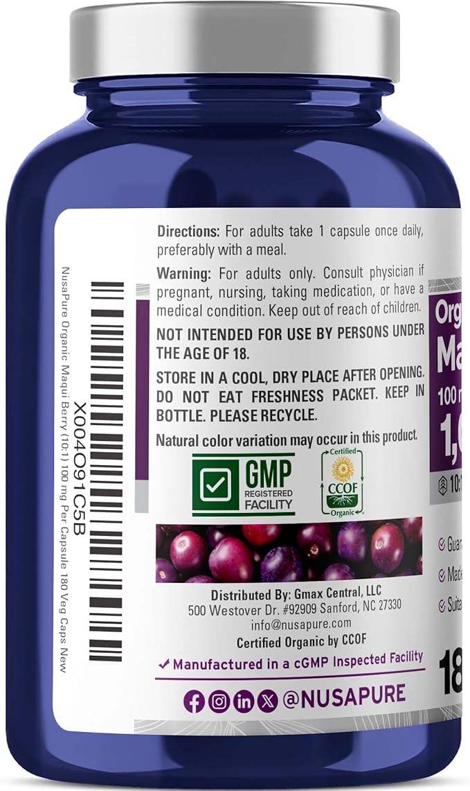 NusaPure USDA Organic Maqui Berry 10:1 Extract 100 mg Equivalent to 1000 mg 180 Veg Caps Suitable for Vegetarians and Vegans Non-GMO