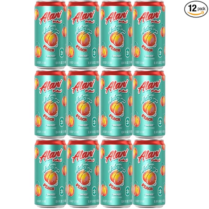 Alani. Nu Mini Energy Drink - (Pack of 12) - Juicy Peach Flavor - 8.4 Fl Oz Can - By The Munchie Mix
