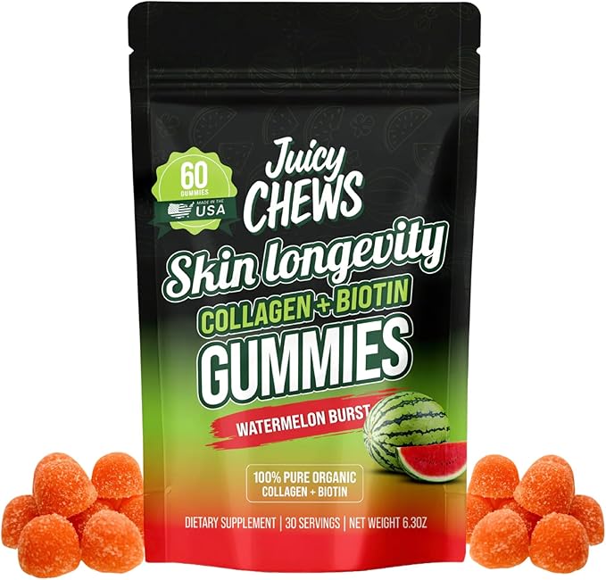 Biotin and Collagen Gummies | Low Sugar Non-GMO Collagen Gummies for Men and Women| All Natural Flavors | 60 Gummies | 30 Servings | Watermelon Flavor