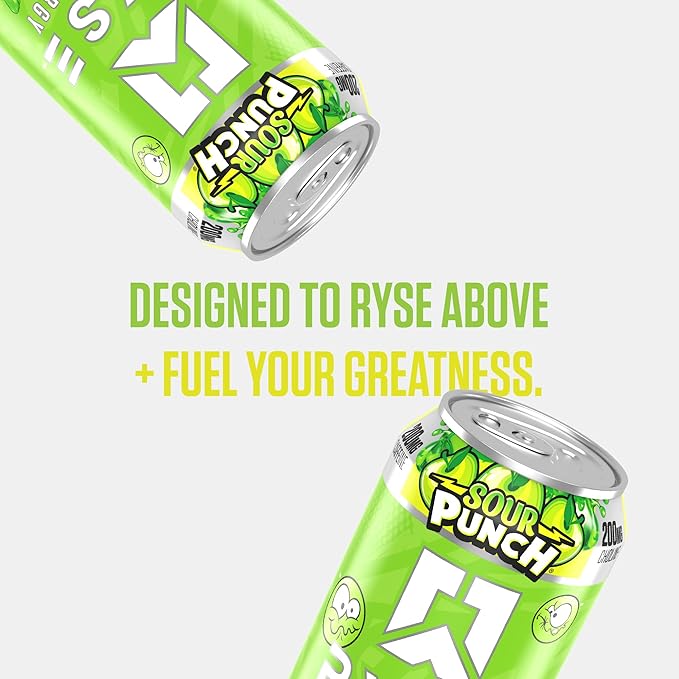 RYSE Fuel Energy Drink - Sour Punch Green Apple - Sugar Free Gluten Free &amp Vegan - 200mg Natural Caffeine Taurine &amp Choline for Focus &amp Energy - No Artificial Colors - 16 fl oz Cans (12-