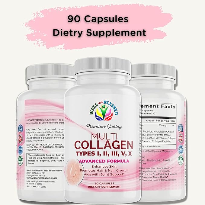Multi Premium Collagen Supplements for Women with Vitamin C E -Tighten Skin Reduce Wrinkles Strong Nails Joints &amp Hair Growth - Anti Aging Skin Care Supplements for Women -90 Capsules