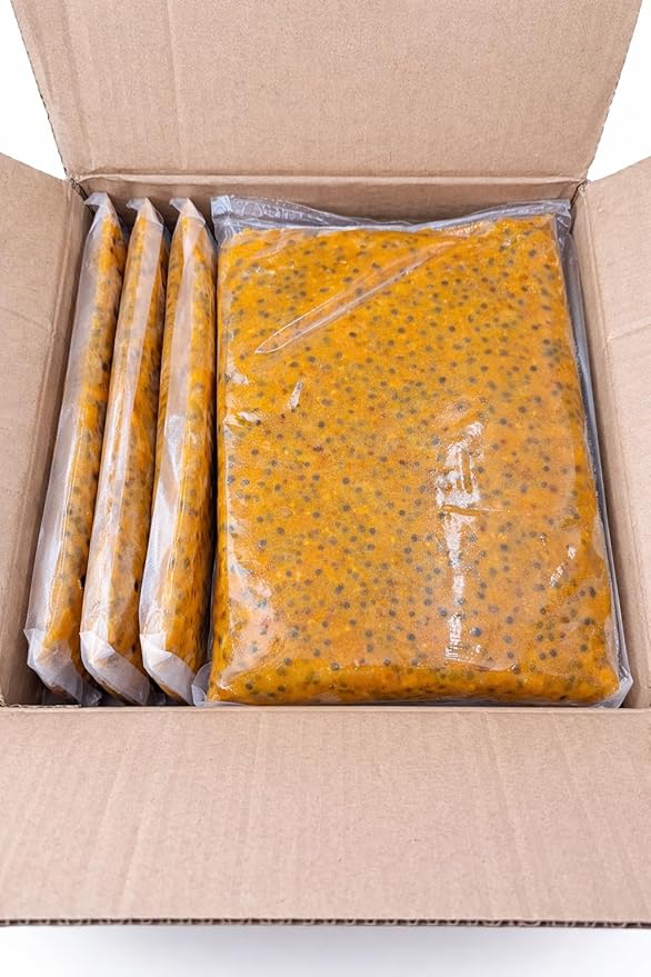 Juiced Fresh 100% Pure Passion Fruit Pulp Frozen 33 fl oz Pouches 10 Count No Preservatives All Natural (22Lbs)