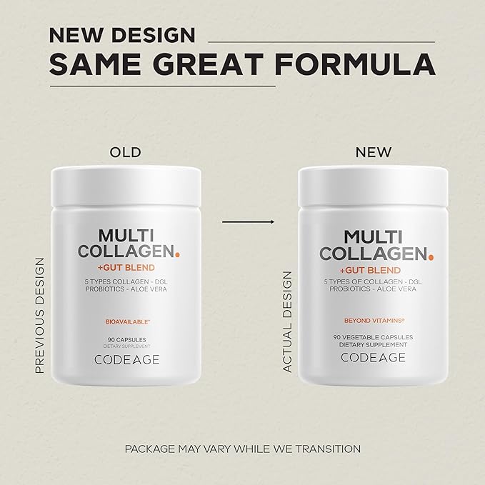 Codeage Multi Collagen + Gut Blend Supplement - Digestive Probiotics DGL Licorice Aloe Vera Organic Peppermint Leaf Slippery Elm - Hydrolyzed Bovine Collagen Pills - Non-GMO - 90 Capsules